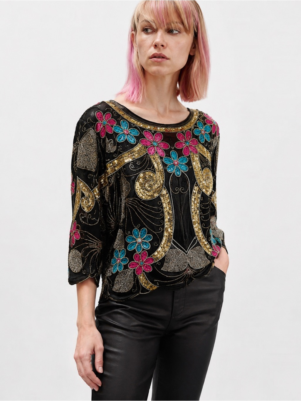 Vintage Chanson D’Amour Silk Beaded Sequin Floral Blouse Size L